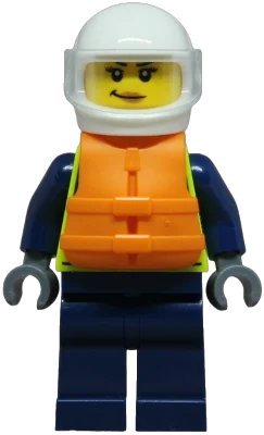Police - City Officer Female, Neon Yellow Safety Vest, Dark Blue Legs, White Helmet, Trans-Clear Visor, Orange Life Jacket, LEGO onderdeelnummer cty1853