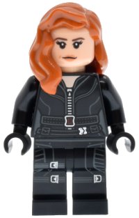 LEGO onderdeel Black Widow - Black Jumpsuit, Dark Orange Mid-Length Hair, Printed Legs, Black Hands, Dark Brown Eyebrows sh1012