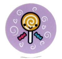 LEGO onderdeel Tile, Round 3 x 3 with Candy, Lollipop, Swirls and Hearts on Lavender Background Pattern (Sticker) - Set 41450 67095pb051