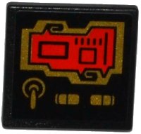Road Sign 2 x 2 Square with Open O Clip with Red Screen and 3 Gold Switches Pattern (Sticker) - Set 70738, LEGO onderdeelnummer 15210pb023
