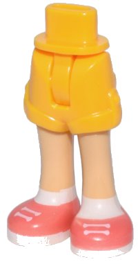 Mini Pop heupen en shorts met gemo­deleerde medium tan benen en bedrukte koraalkleurige schoenen met witte veters, zolen en sokken patroon - dunne scharnier, LEGO onderdeelnummer 1826cc00pb002