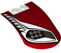Windscreen 6 x 4 x 1 1/3 Canopy Rechthoekige Zijkanten met Koplampen, Ventilatieopeningen en Rood Patroon Model Rechterzijde, LEGO onderdeelnummer 18973pb12R