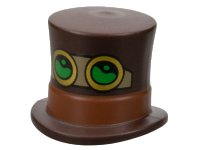 Minifigure, Headgear Hat, Top Hat Large with Molded Reddish Brown Band and Printed Black, Dark Tan and Gold Goggles with Bright Green Lenses Pattern, LEGO onderdeelnummer 101777pb03