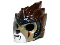 Minifiguur, Hoofdtooi Masker Leeuw met Dark Tan Face, Dark Red Scar en Dark Blue Headpiece met Gold Circles Patroon, LEGO onderdeelnummer 11129pb03