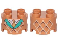 Steen, rond 2 x 2 met pinholen met wafel, turquoise revers, wit overhemd en gouden das patroon, LEGO onderdeelnummer 17485pb004