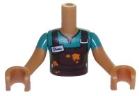 Torso Mini Doll Boy Dark Turquoise Top with Dark Brown Overalls and Name Tag Pattern, Medium Nougat Arms with Hands with Dark Turquoise Sleeves, LEGO onderdeelnummer FTBpb036c01