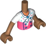 Torso Mini Doll Boy White and Coral Chef Shirt with Dark Turquoise and Coral Sprinkles Pattern, Medium Nougat Arms with Hands with White Short Sleeves, LEGO onderdeelnummer FTBpb084c01