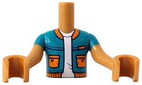Torso Mini Doll Boy Dark Turquoise Jacket with Orange Pockets, Collar and Hem over White T-Shirt Pattern, Medium Nougat Arms with Hands with Dark Turquoise Short Sleeves, LEGO onderdeelnummer FTBpb131c01