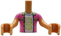 Torso Mini Doll Boy Dark Pink Jacket with Lime Collar and Trim over White Shirt with Hamburger with Face Pattern, Medium Nougat Arms with Hands with Dark Pink Short Sleeves, LEGO onderdeelnummer FTBpb134c01
