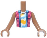 Torso Mini Doll Boy Coral and Magenta Checkered Sleeveless Shirt Open over White Undershirt with Bright Light Orange and Medium Azure Shapes Pattern, Medium Nougat Arms with Hands, LEGO onderdeelnummer FTBpb145c01