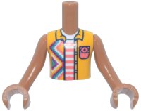 Torso Mini Doll Boy Bright Light Orange Sleeveless Shirt Open with Geometric Diamonds over White and Coral Striped Shirt  Pattern, Medium Nougat Arms with Hands, LEGO onderdeelnummer FTBpb155c01