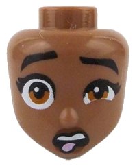 Mini Doll, Head Friends with Black Eyebrows Raised and Eyelashes, Dark Orange Eyes, Reddish Brown Lips, Open Mouth with Upper Teeth and Bright Pink Tongue Pattern, LEGO onderdeelnummer 110363