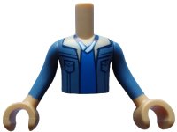 Torso Mini Doll Boy Sand Blue Jacket with Tan Lapels over Blue and White Shirt Pattern, Medium Tan Arms with Hands with Sand Blue Long Sleeves, LEGO onderdeelnummer FTBpb087c01