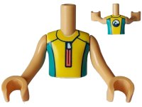 Torso Mini Doll Boy Yellow and Dark Turquoise Wetsuit with Coral Zipper and Dolphin / Whale Logo on Back Pattern, Medium Tan Arms with Hands, LEGO onderdeelnummer FTBpb098c01