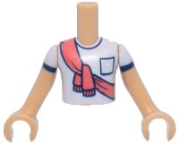 Torso Mini Doll Boy White T-Shirt with Black Pocket and Trim and Coral Scarf Pattern, Medium Tan Arms with Hands with White Short Sleeves and Black Trim, LEGO onderdeelnummer FTBpb133c01