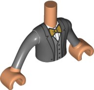 Torso Mini Doll Boy Dark Bluish Gray Suit Jacket with Gold Bow Tie Pattern, Nougat Arms with Hands with Dark Bluish Gray Long Sleeves, LEGO onderdeelnummer FTBpb058c01