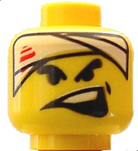Minifigure, Head Black Thick Eyebrows, White Head Bandage with Red Streaks, Dimple, Wide Lopsided Open Mouth with Top Teeth Pattern, LEGO onderdeelnummer 3626pb0123