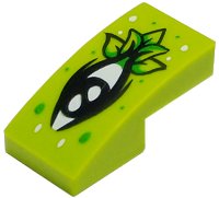 Schuin, Gebogen 2 x 1 x 2/3 met Zwart Oog en Bladeren, Helder Groen en Wit Stippen Patroon, LEGO onderdeelnummer 11477pb179