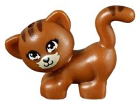 LEGO onderdeel Cat, Friends, Standing and Looking Left with Tan Eyes and Muzzle, Black Nose and Mouth, and Reddish Brown Stripes Pattern 93089pb03