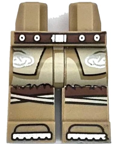 Hips and Legs with Reddish Brown Belt with Silver Buckle and Circles, Tan Tunic with Fur Hem and Celtic Knots, Knee Wrappings, Shoe Tips Pattern in donkertan, LEGO onderdeelnummer 970c00pb1559