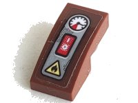Schuin, Gebogen 2 x 1 x 2/3 met Zilver Paneel met Meter, Rode Schakelaar en Geel Vuur Gevarensteken Patroon (Sticker) - Set 70421, LEGO onderdeelnummer 11477pb133