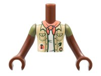 Torso Mini Doll Boy Tan Vest over White Shirt, Coral Scarf Pattern, Reddish Brown Arms with Hands with Olive Green Short Sleeves, LEGO onderdeelnummer FTBpb071c01
