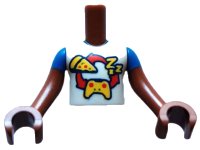 Torso Mini Doll Boy White Shirt with Red Curved Arrows and Yellow 'ZZZ', Pizza, and Game Controller Pattern, Reddish Brown Arms with Hands with Blue Short Sleeves, LEGO onderdeelnummer FTBpb086c01