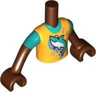 Torso Mini Doll Boy Bright Light Orange Shirt with Shark and Music Notes Pattern, Reddish Brown Arms with Hands with Dark Turquoise Short Sleeves, LEGO onderdeelnummer FTBpb094c01