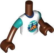 Torso Mini Doll Boy White T-Shirt with Orange Tent, Dark Blue Trees, Dark Turquoise Sky and Ground Pattern, Reddish Brown Arms with Hands with Dark Turquoise Short Sleeves, LEGO onderdeelnummer FTBpb121c01