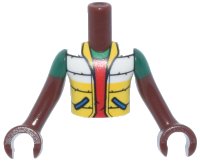 Torso Mini Doll Boy White Jacket with Blue Pockets, Yellow Bottom and Collar over Red Shirt, 'POW! in Star on Back Pattern, Reddish Brown Arms with Hands with Green Short Sleeves, LEGO onderdeelnummer FTBpb135c01