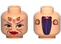 Minifigure, Head Alien with SW Sugi, Large Brown Eyes, Red Lips and Cheek Lines, Dark Purple Hair on Back Pattern, LEGO onderdeelnummer 3626pb0554