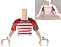 Torso Mini Doll Boy White T-Shirt with Red and White Stripes Pattern, Light Nougat Arms with Hands with Red Short Sleeves, LEGO onderdeelnummer FTBpb009c01