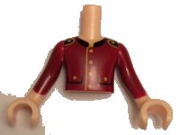 Torso Mini Doll Boy Dark Red Jacket, 2 Pockets, Gold Buttons and Black Collar Pattern, Light Nougat Arms with Hands with Dark Red Sleeves, LEGO onderdeelnummer FTBpb013c01
