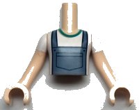 Torso Mini Doll Boy Sand Blue Overalls over White T-Shirt Pattern, Light Nougat Arms with Hands with White Short Sleeves, LEGO onderdeelnummer FTBpb060c01
