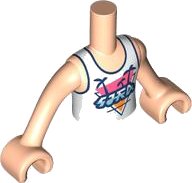 Torso Mini Doll Boy White Shirt with Metallic Light Blue Writing, Dark Blue Trim and Palm Trees Pattern, Nougat Arms with Hands, LEGO onderdeelnummer FTBpb093c01